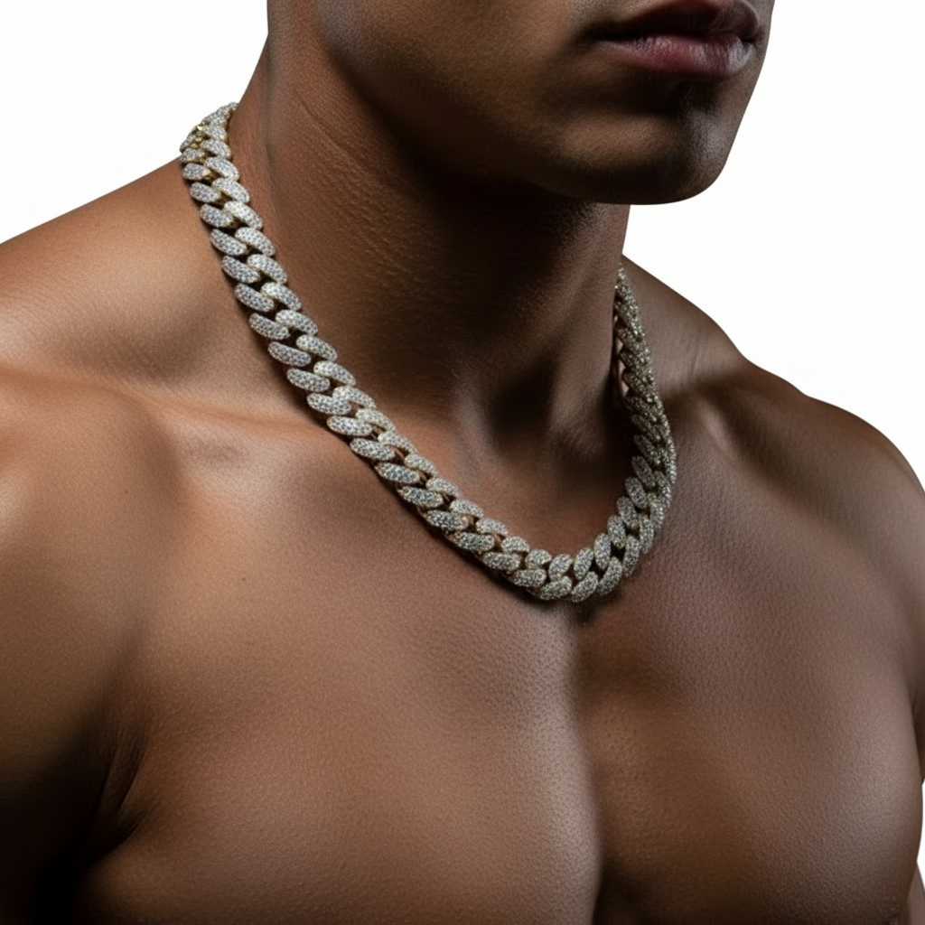 Man wearing a large diamond chain necklace on a white background
