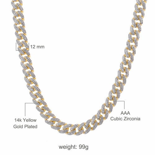Gold and silver chain necklace with specifications on a white background