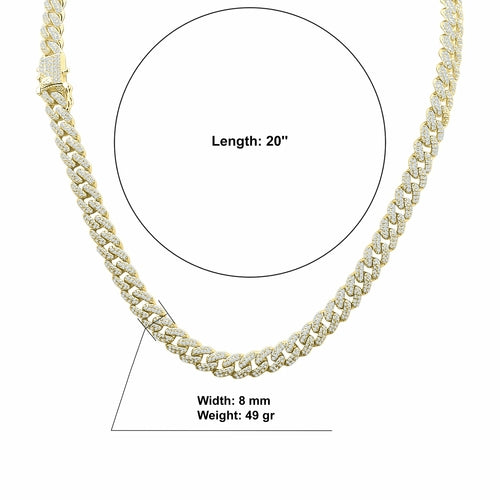 Gold chain necklace with measurements on a white background