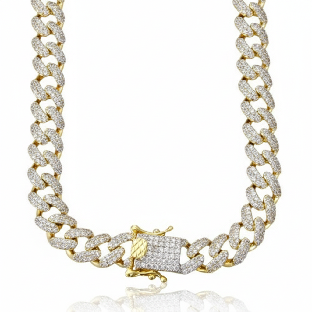 Gold chain necklace with diamond-like stones on a white background