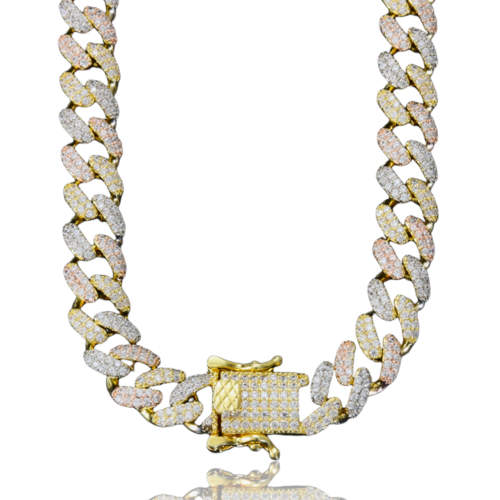 Gold and diamond-encrusted chain necklace on a white background