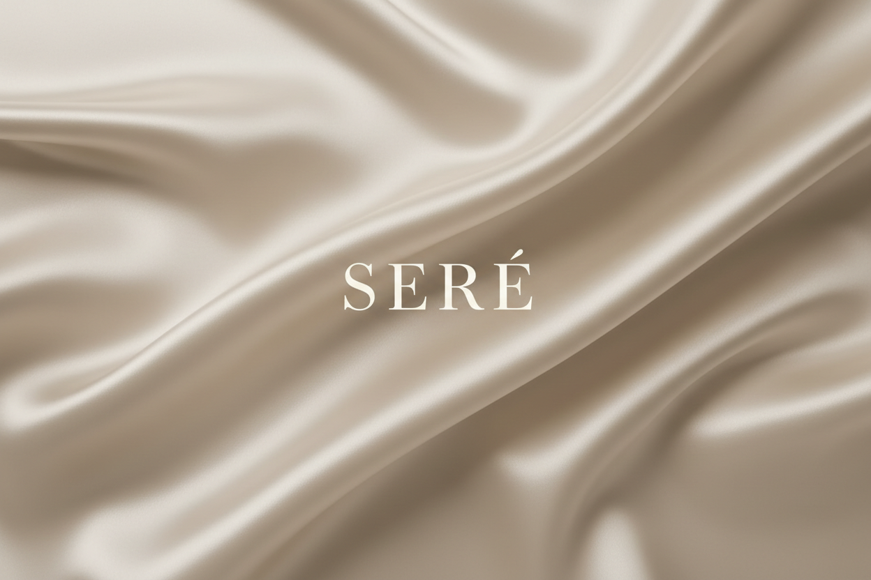 Luxury minimalistic silk background in beige tones, soft folds, smooth texture, high-end fashion aesthetic, clean and elegant. Centered text ‘SERÉ’ in thin elegant serif font, subtle, refined, premium brand style.”